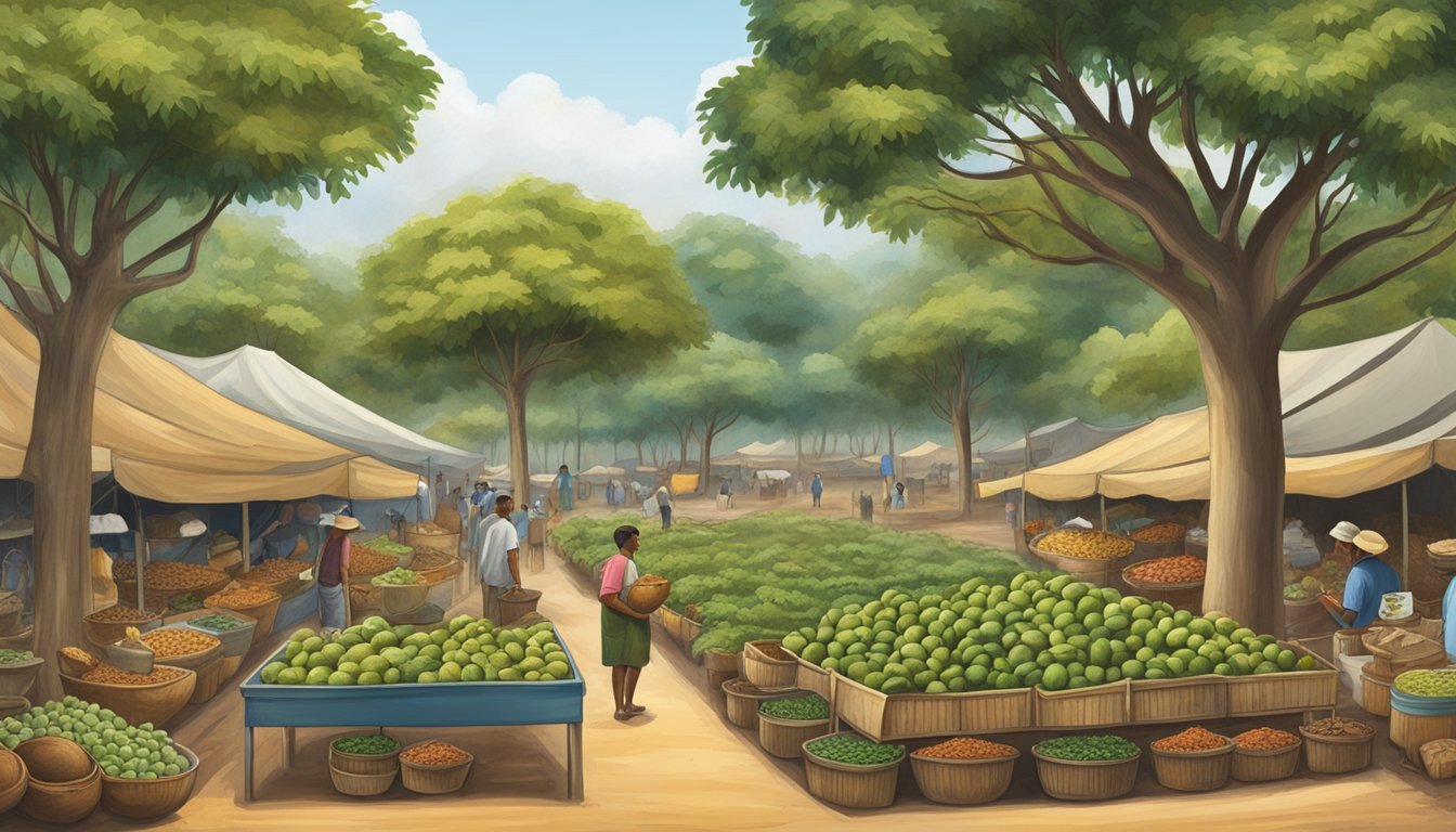 A nutmeg tree surrounded by healthy soil and wildlife, with a bustling market nearby showcasing various nutmeg products