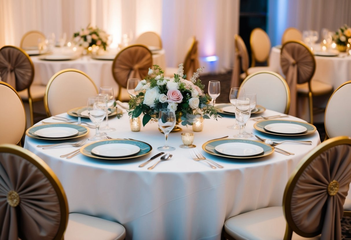 A table set with elegant dinnerware and a floral centerpiece, surrounded by chairs with draped fabric. A soft evening light fills the room