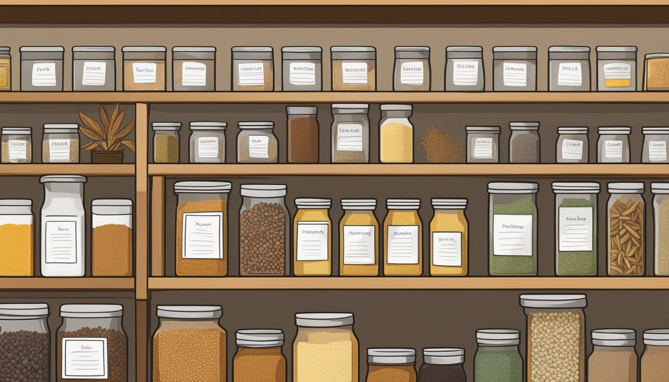 A variety of spices neatly organized in airtight containers on a shelf, with labels indicating their expiration dates