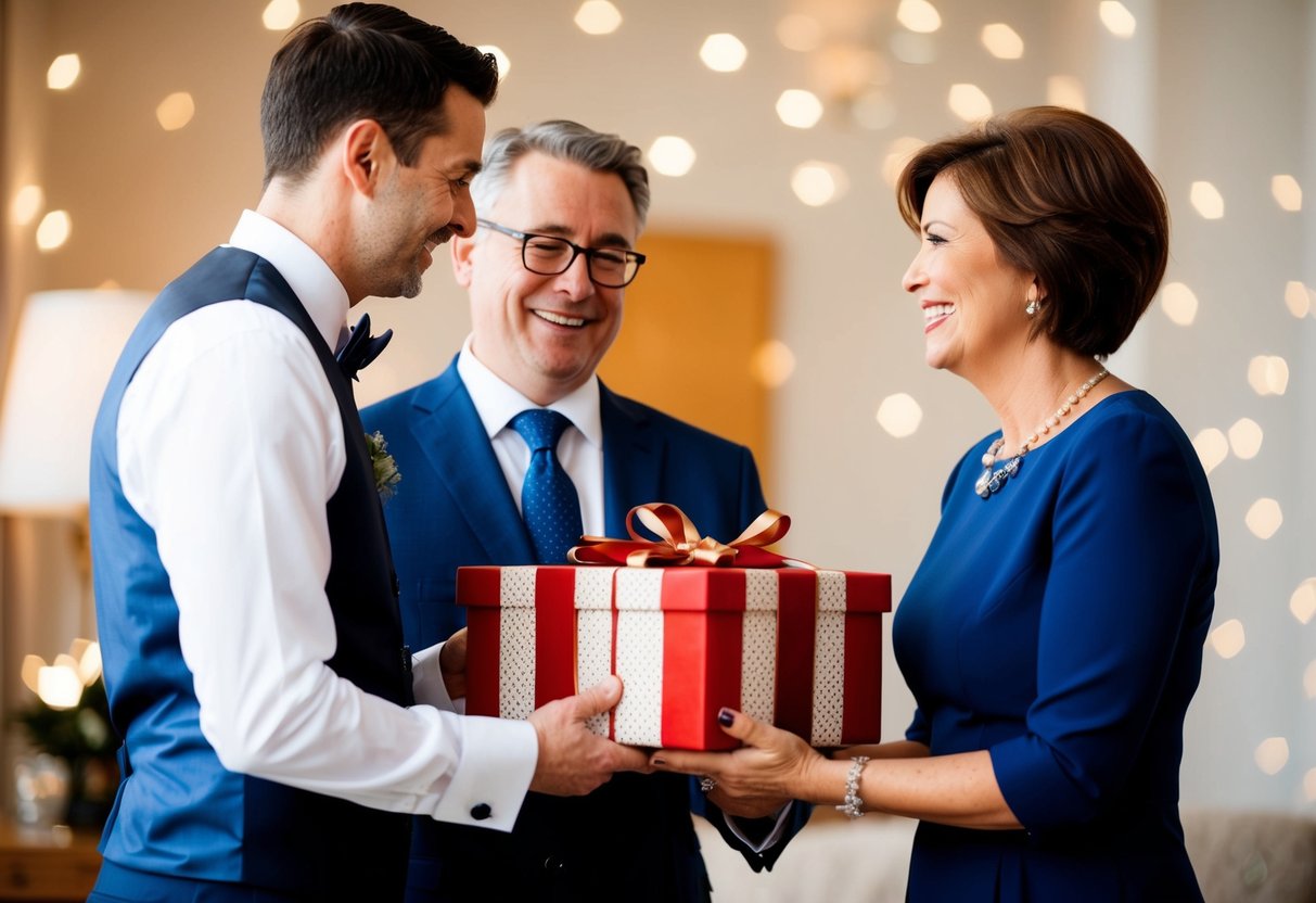 The groom presents a thoughtful gift to his parents