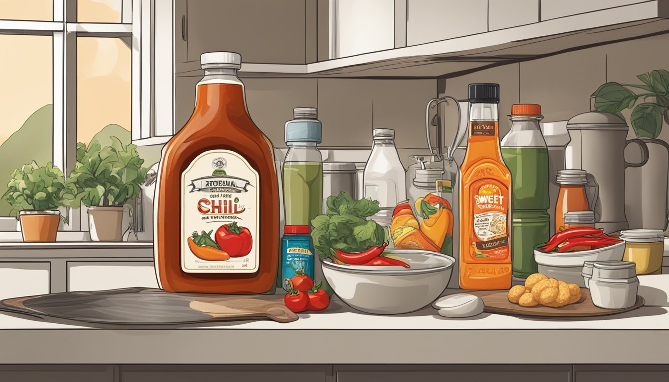 A bottle of sweet chili sauce sits on a kitchen counter, surrounded by various food items. The label shows an expiration date that has passed