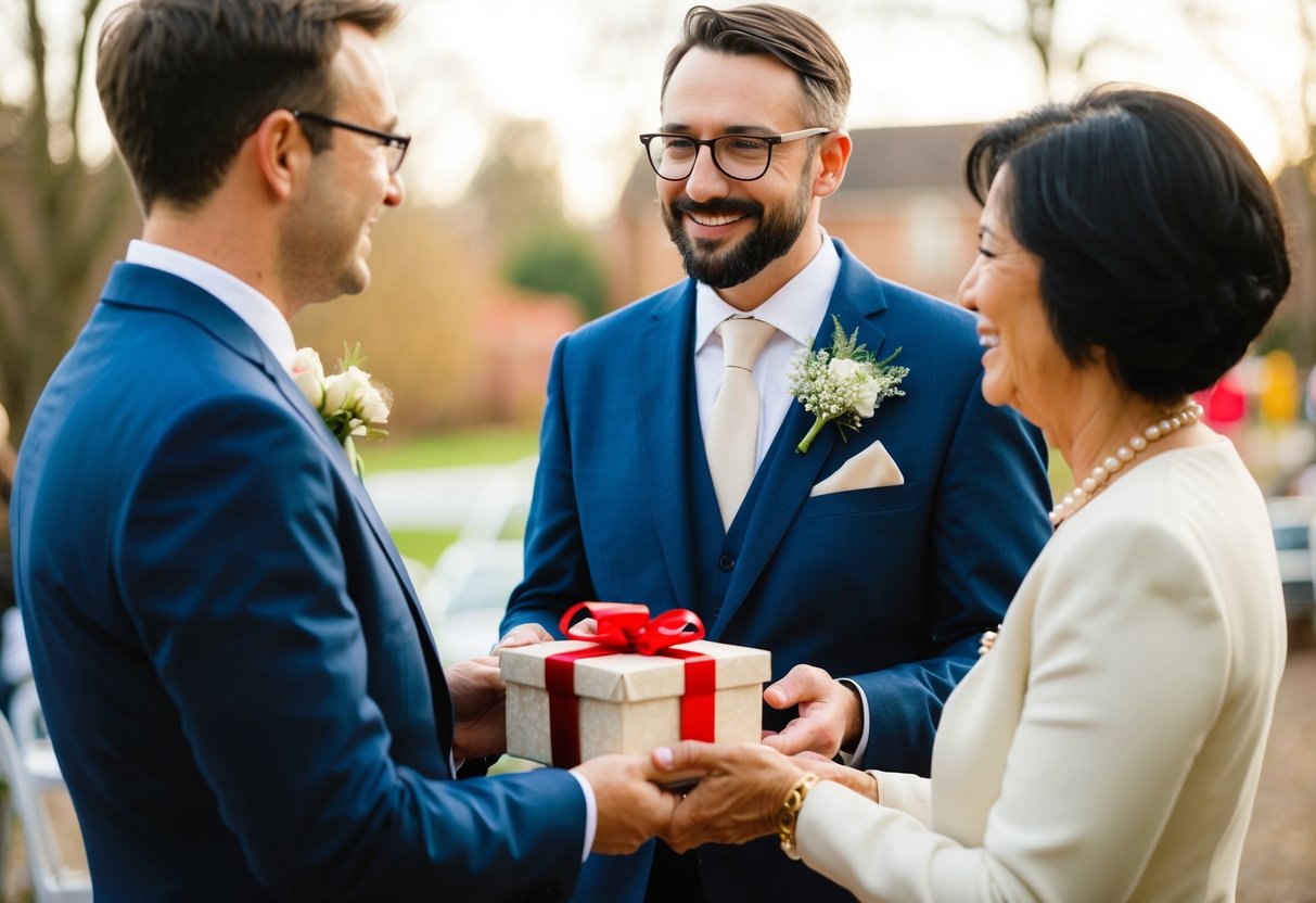 A groom presents a thoughtful gift to his parents at a wedding