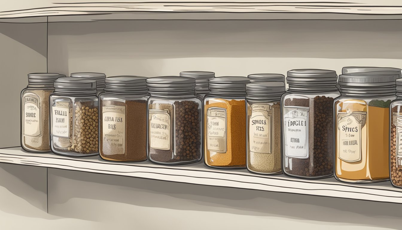 A collection of common spices in jars on a shelf, with labels indicating their shelf lives. A jar of mulling spices is shown with an expired date