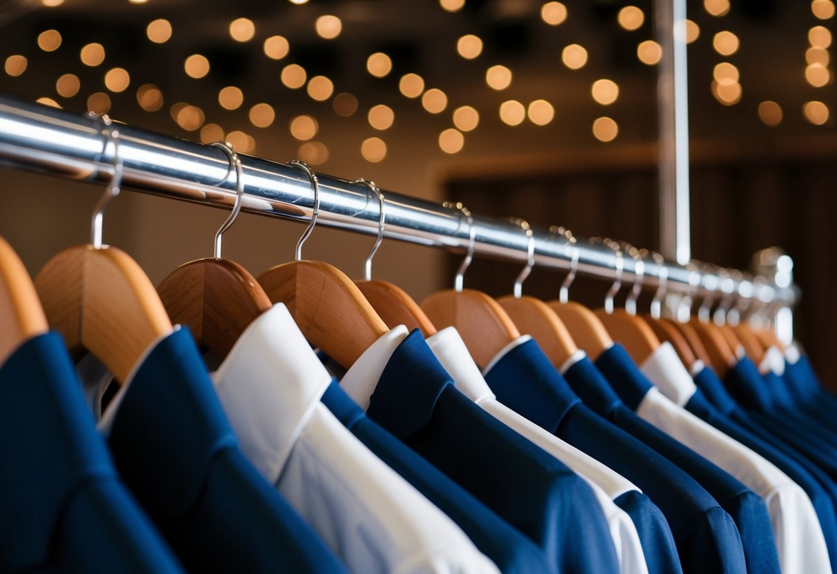 A rack of formal attire options for a wedding dinner rehearsal