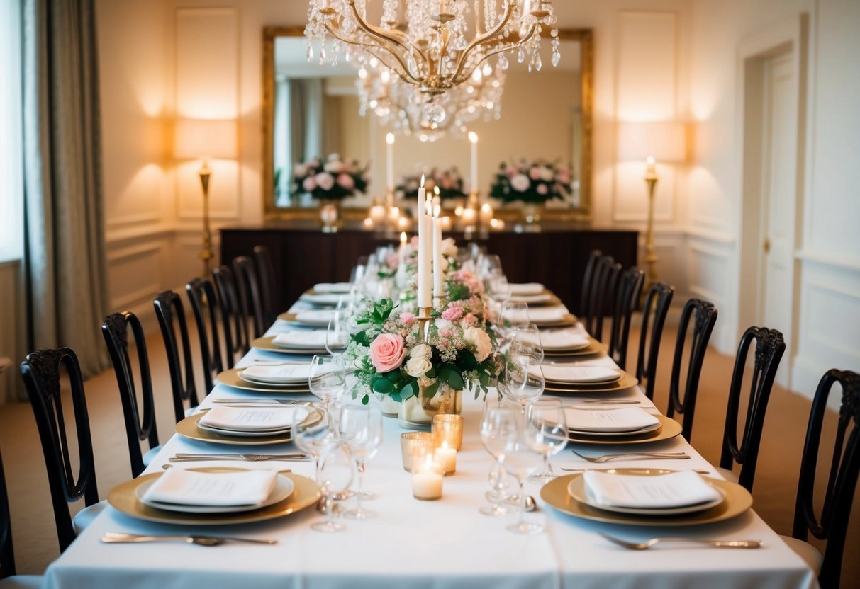 A long table set with elegant place settings, adorned with flowers and candles, under soft lighting in a luxurious dining room