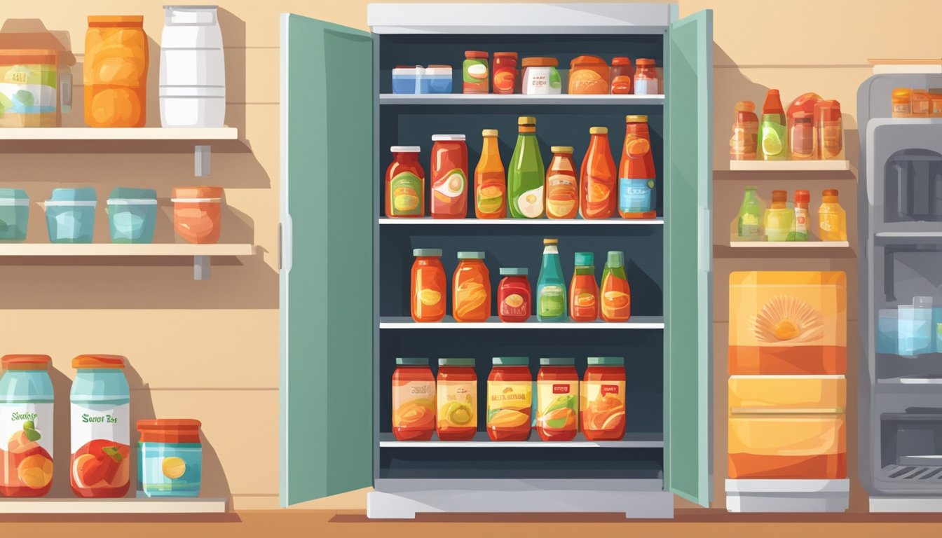 A bottle of sweet chili sauce sits on a shelf, surrounded by various storage conditions: a pantry, a refrigerator, and direct sunlight