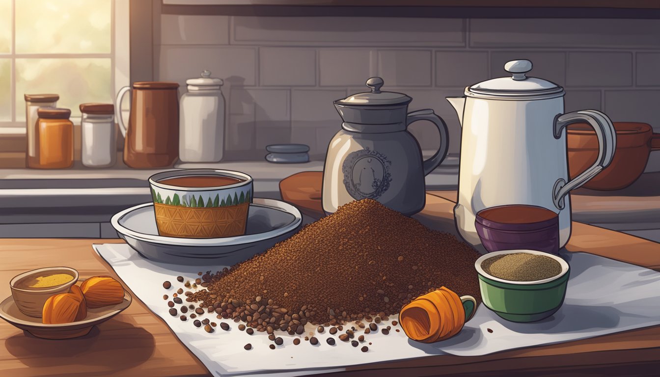 A pile of expired mulling spices sits on a kitchen counter, next to a discarded empty mug and a steaming pot of fresh mulled wine