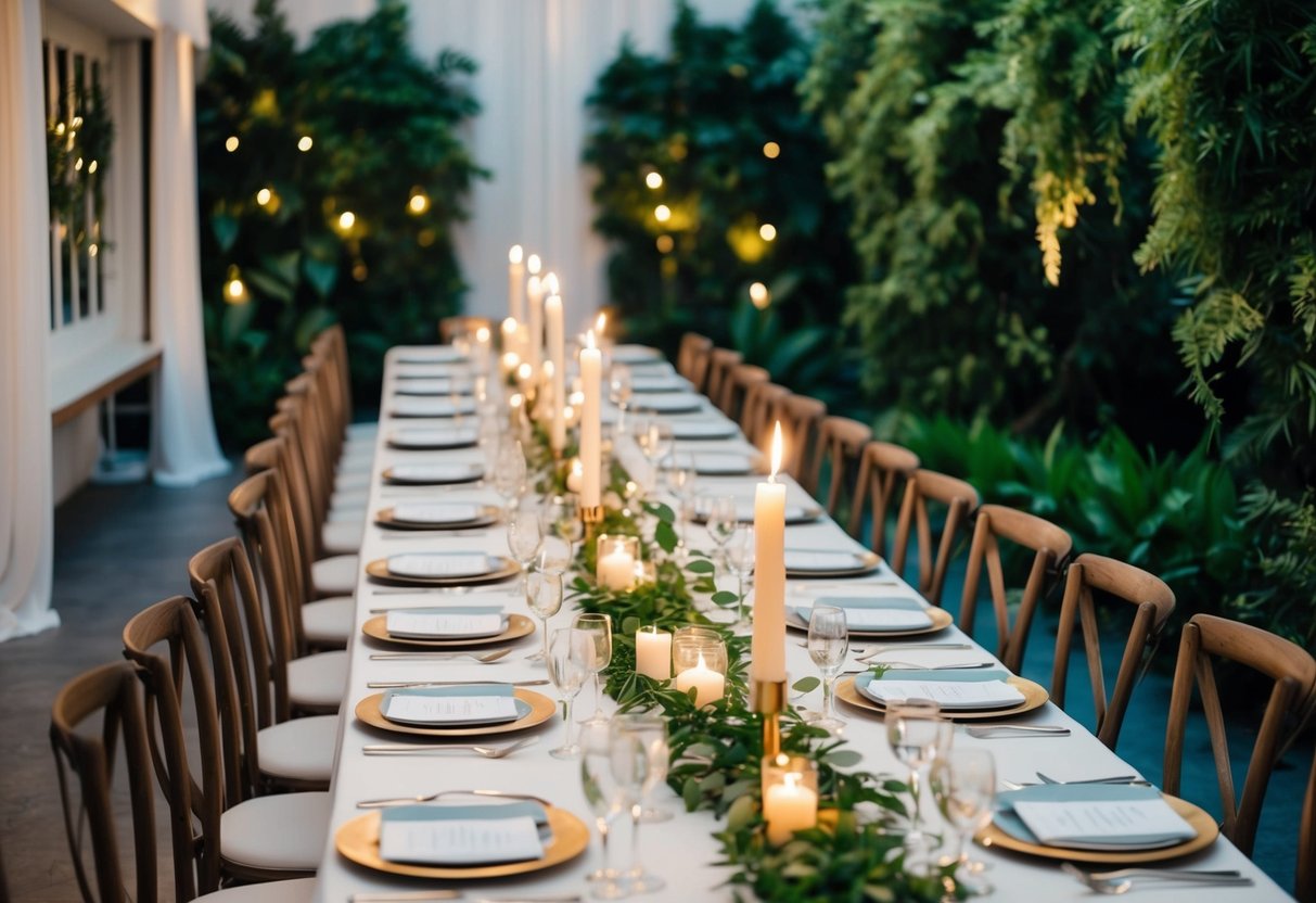 A long dining table set with elegant place settings and lit candles, surrounded by lush greenery and soft lighting