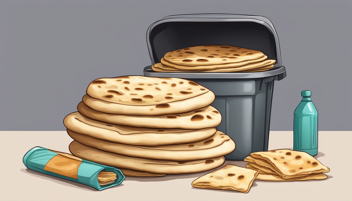 A stack of expired naan bread beside a trash can