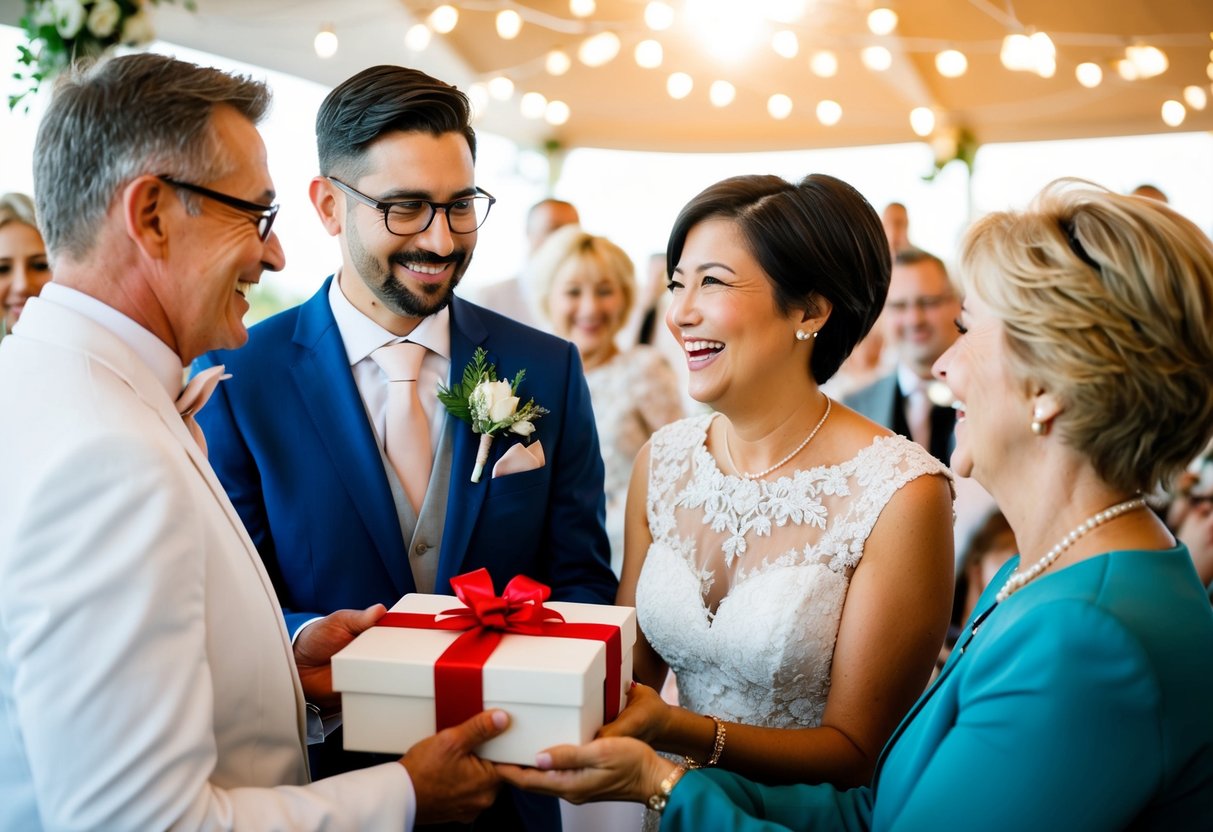 The groom presents a thoughtful gift to his parents, surrounded by joy and love at the wedding celebration