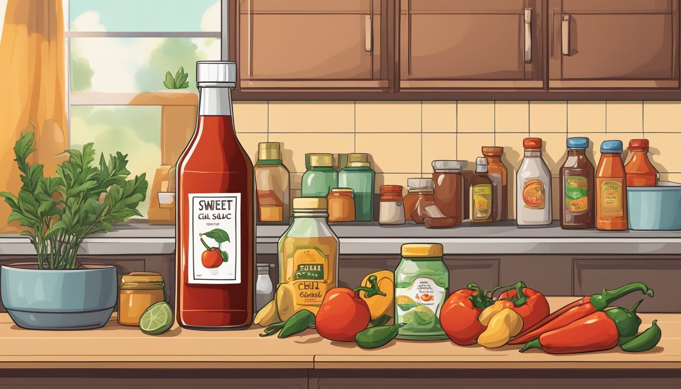 A bottle of sweet chili sauce sits on a kitchen shelf, surrounded by various ingredients. A calendar on the wall shows an expired date