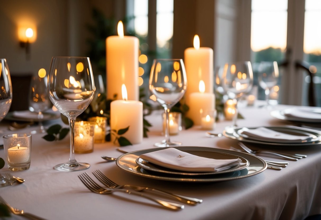 A beautifully set table with elegant place settings and flickering candlelight. Wine glasses and silverware glint in the soft glow, creating an atmosphere of sophistication and romance