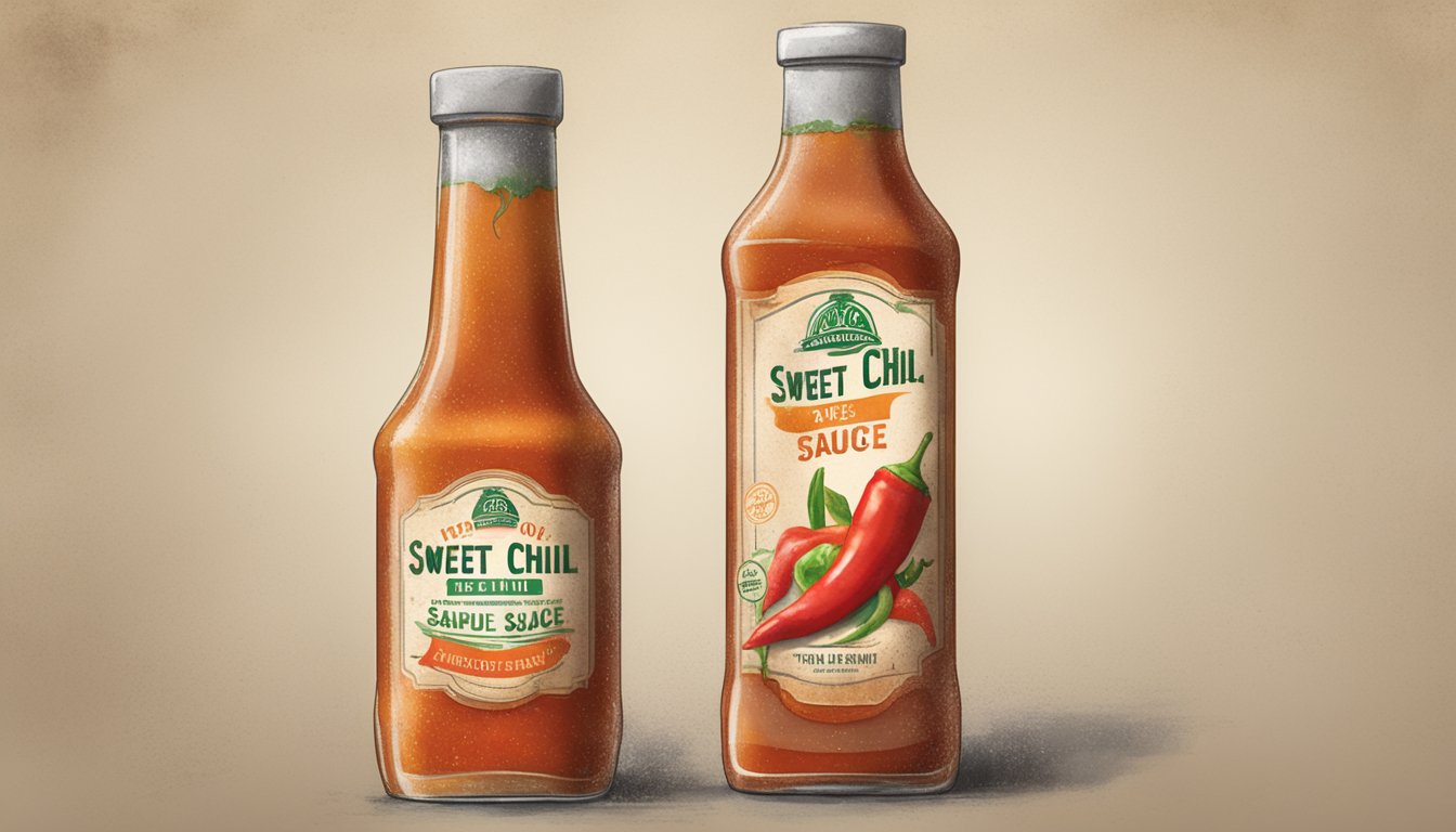 A bottle of sweet chili sauce sits on a dusty shelf, its label faded and peeling. The liquid inside appears discolored and separated, with visible signs of mold