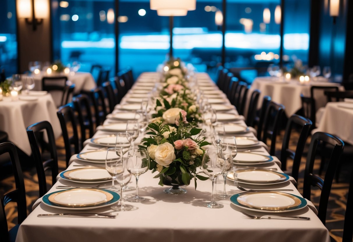A long table set with elegant dinnerware and floral centerpieces in a dimly lit, upscale restaurant