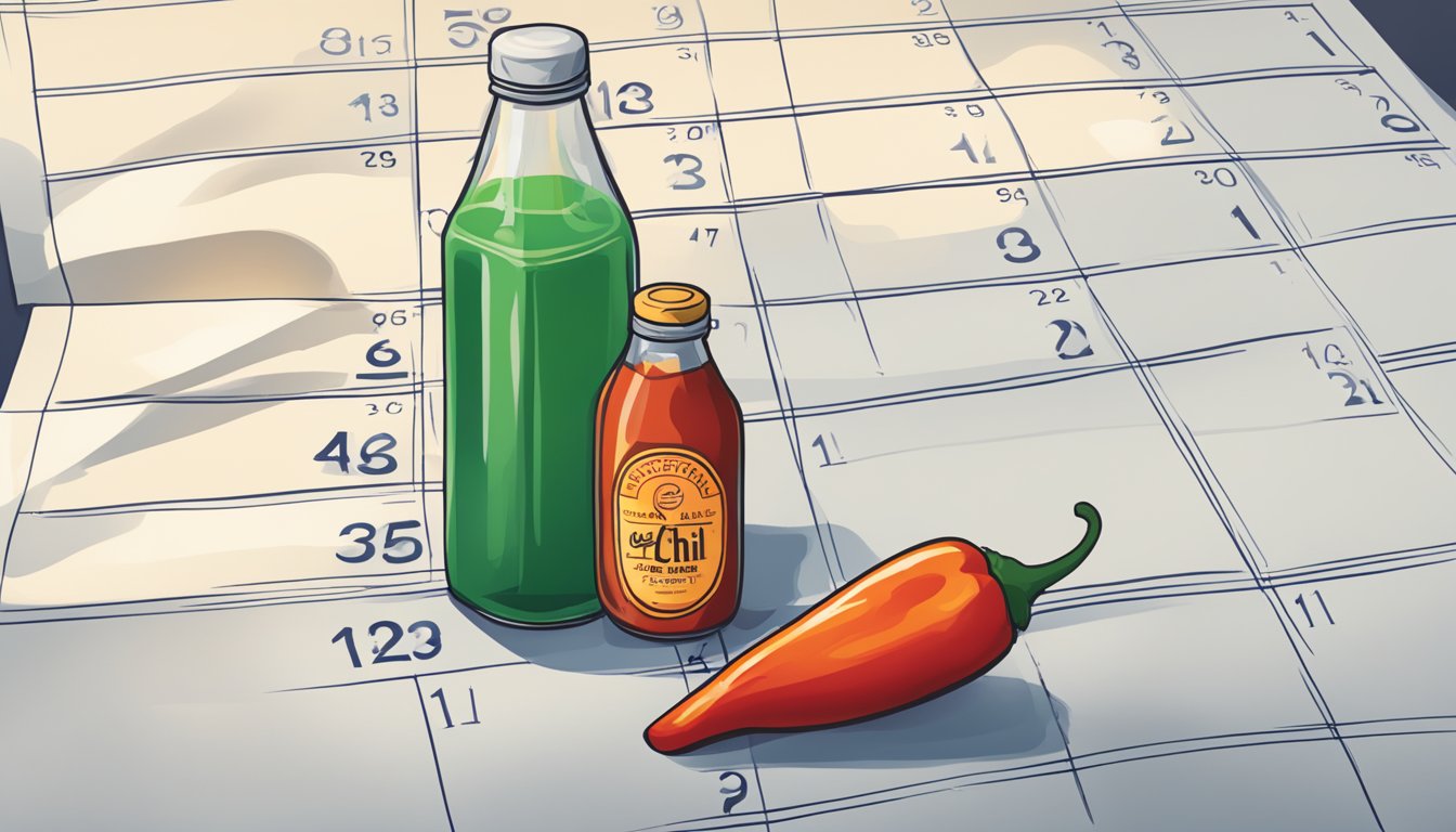 A bottle of sweet chili sauce sits next to a calendar showing an expired date. A question mark hovers above the sauce