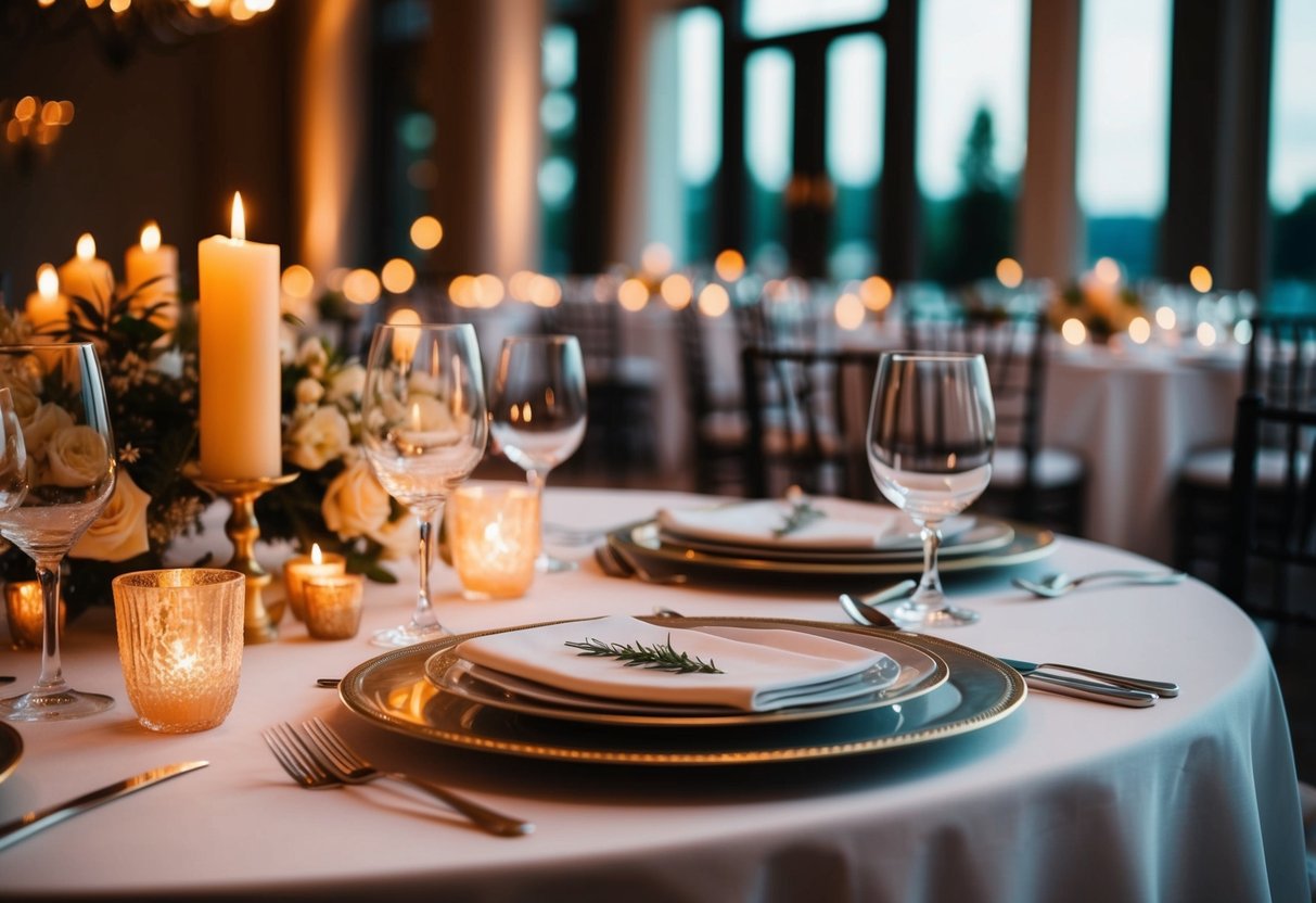 A beautifully set table with elegant place settings and glowing candlelight