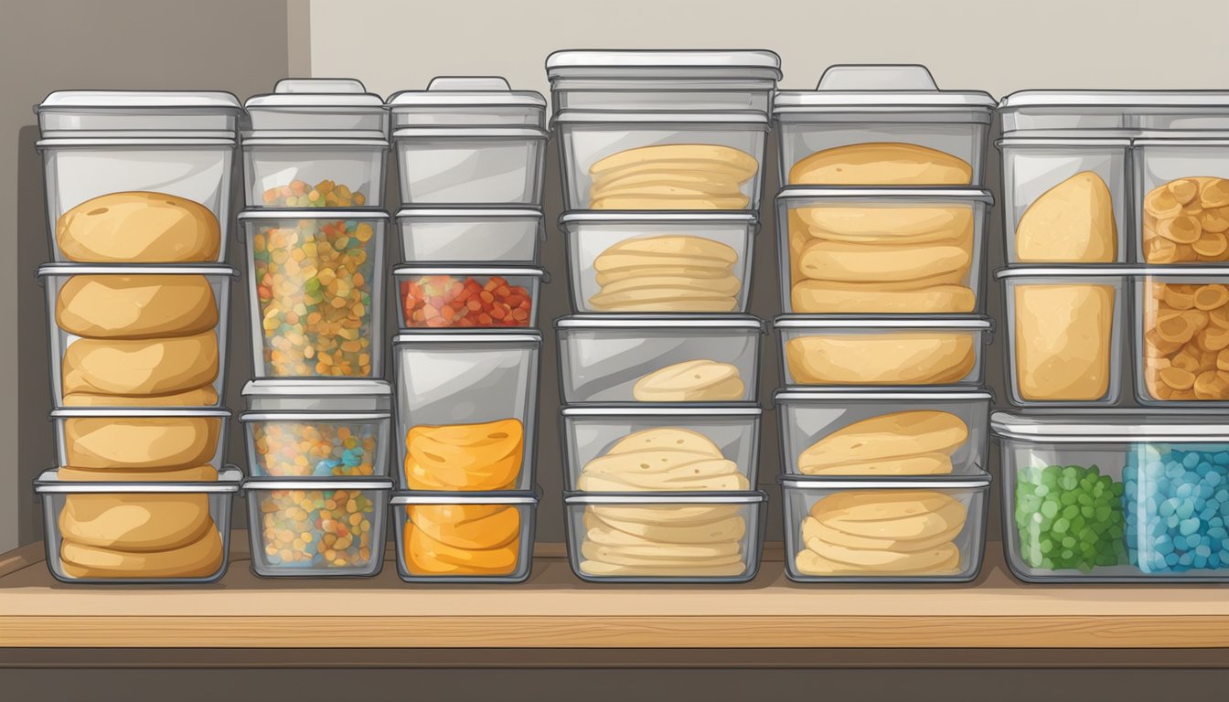 A kitchen pantry with neatly stacked naan bread inside airtight containers, with a label indicating the expiration date