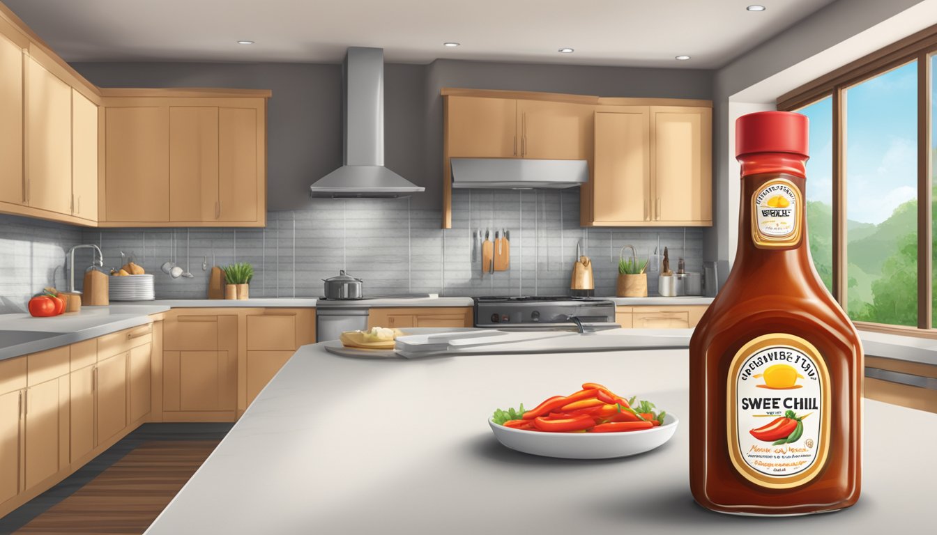 A bottle of sweet chili sauce sits on a kitchen counter, with a "best by" date that has passed