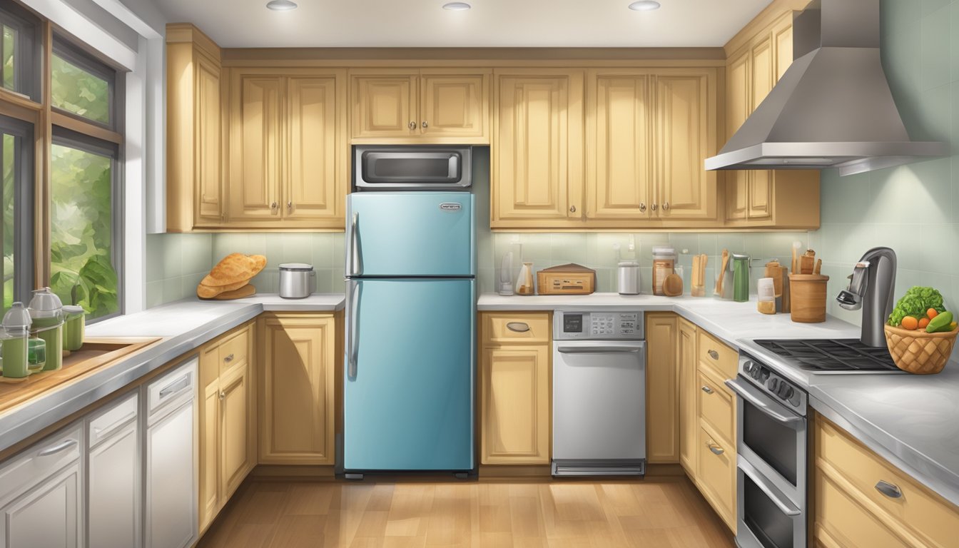 A kitchen counter with a package of naan bread, a refrigerator, and a clock showing the passage of time