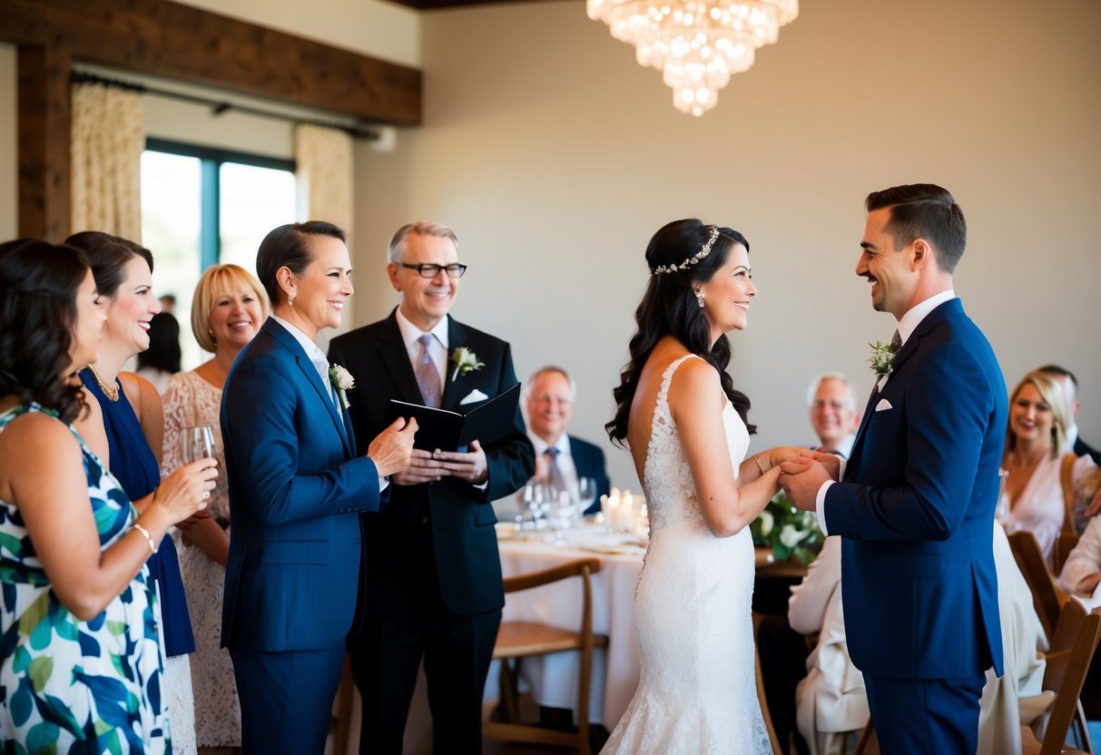 At rehearsal dinner, family and friends speak casually. At wedding, officiant and couple exchange vows