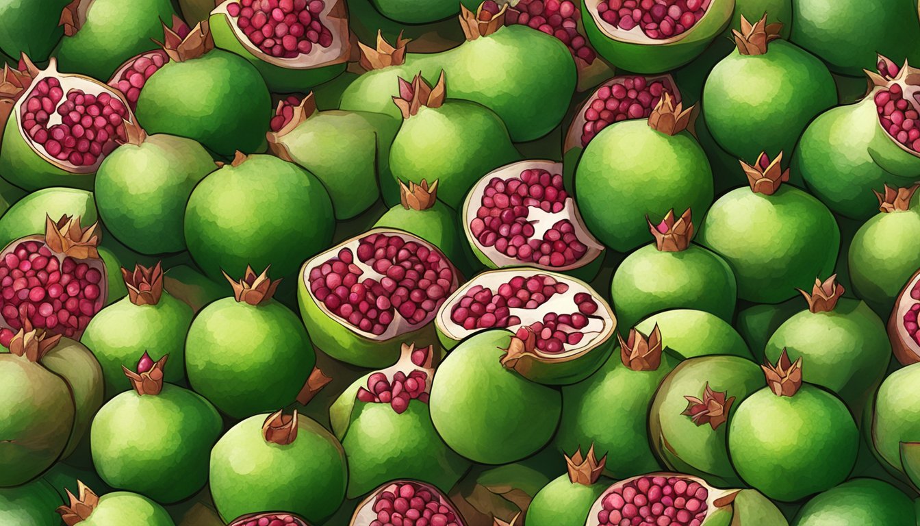 A pile of unripe pomegranates, green and firm, with a few fallen leaves scattered around them