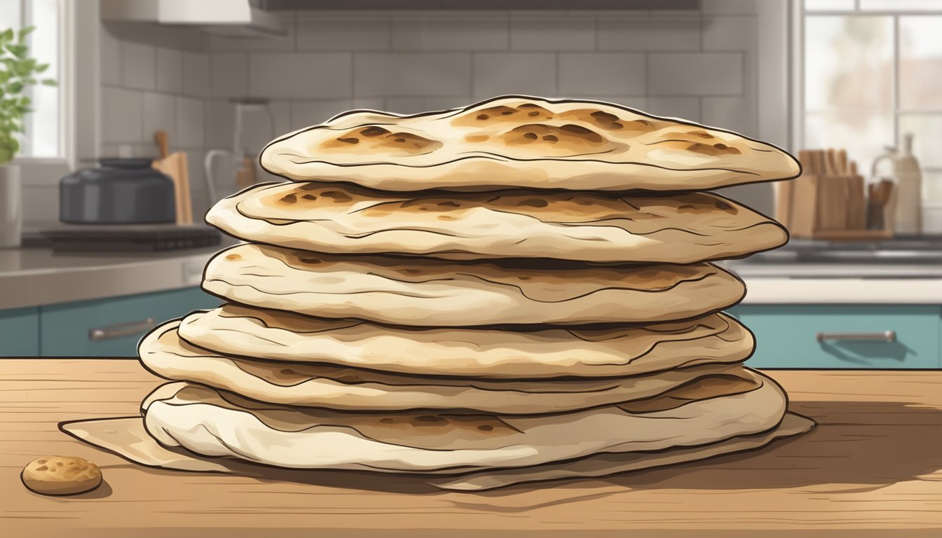 A stack of expired naan bread sitting on a kitchen counter, with visible signs of mold and discoloration