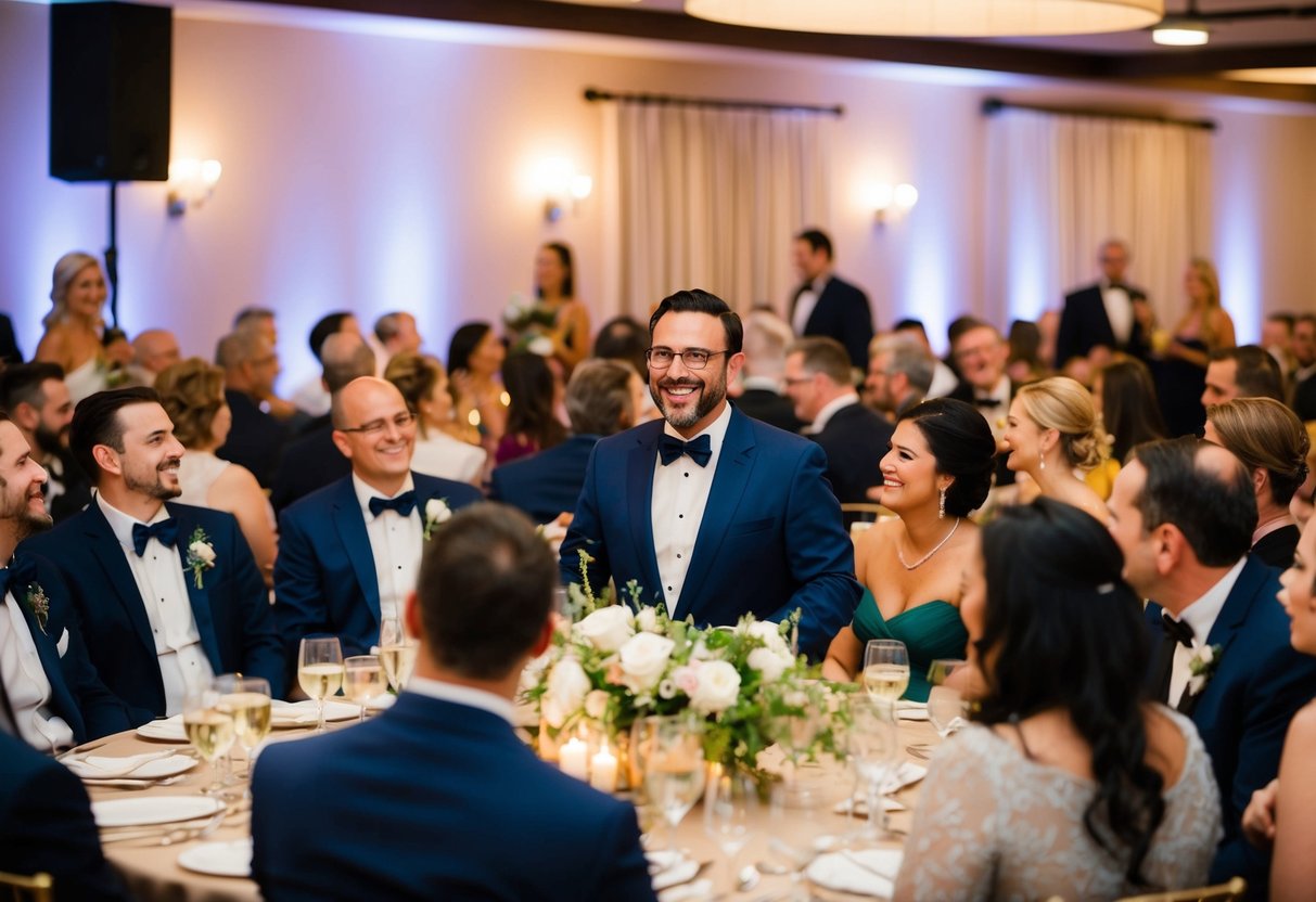 Guests mingle at the rehearsal dinner, sharing stories and laughter. The speaker stands at the front, addressing the crowd with warmth and humor