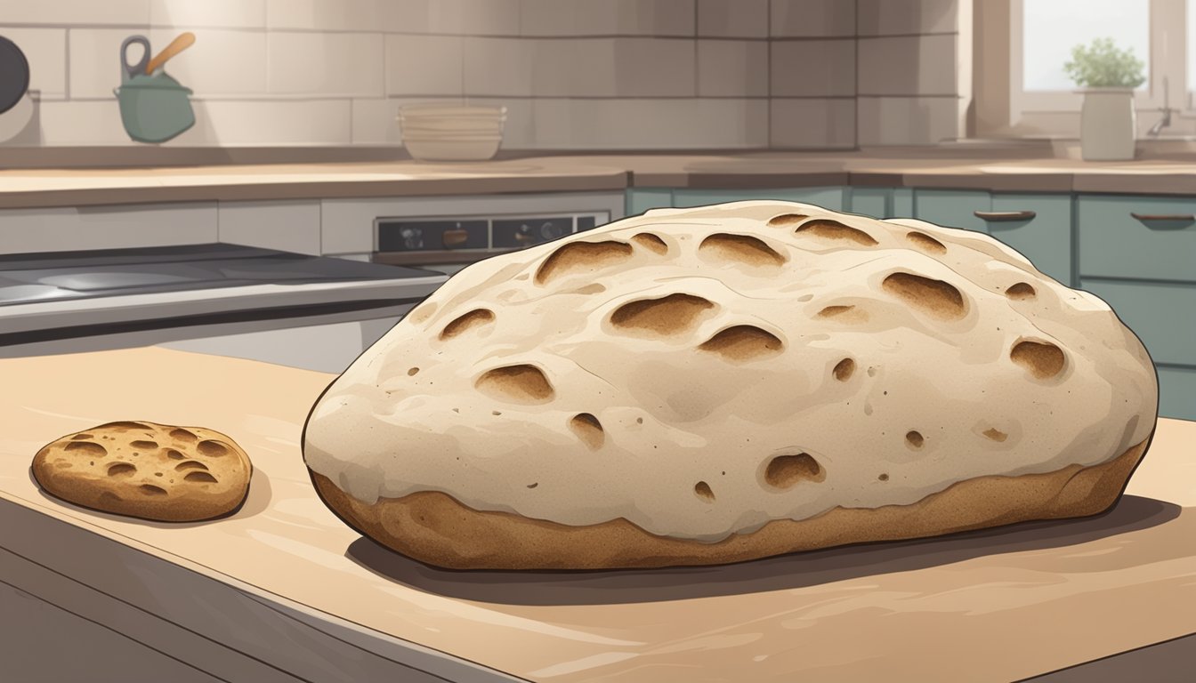 A loaf of naan bread sits on a kitchen counter, with visible signs of mold and a past expiration date