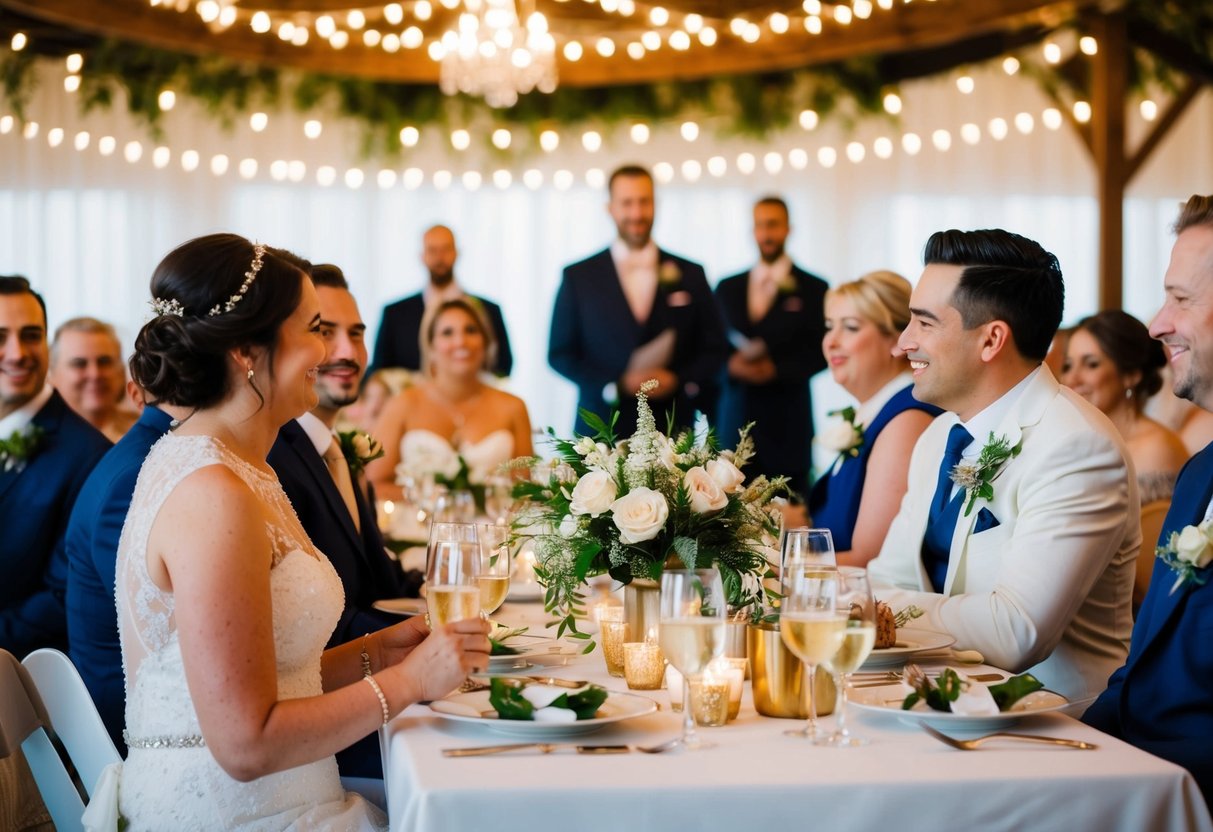 The wedding rehearsal dinner features heartfelt toasts and speeches, while the wedding ceremony includes vows and speeches from the couple and selected guests