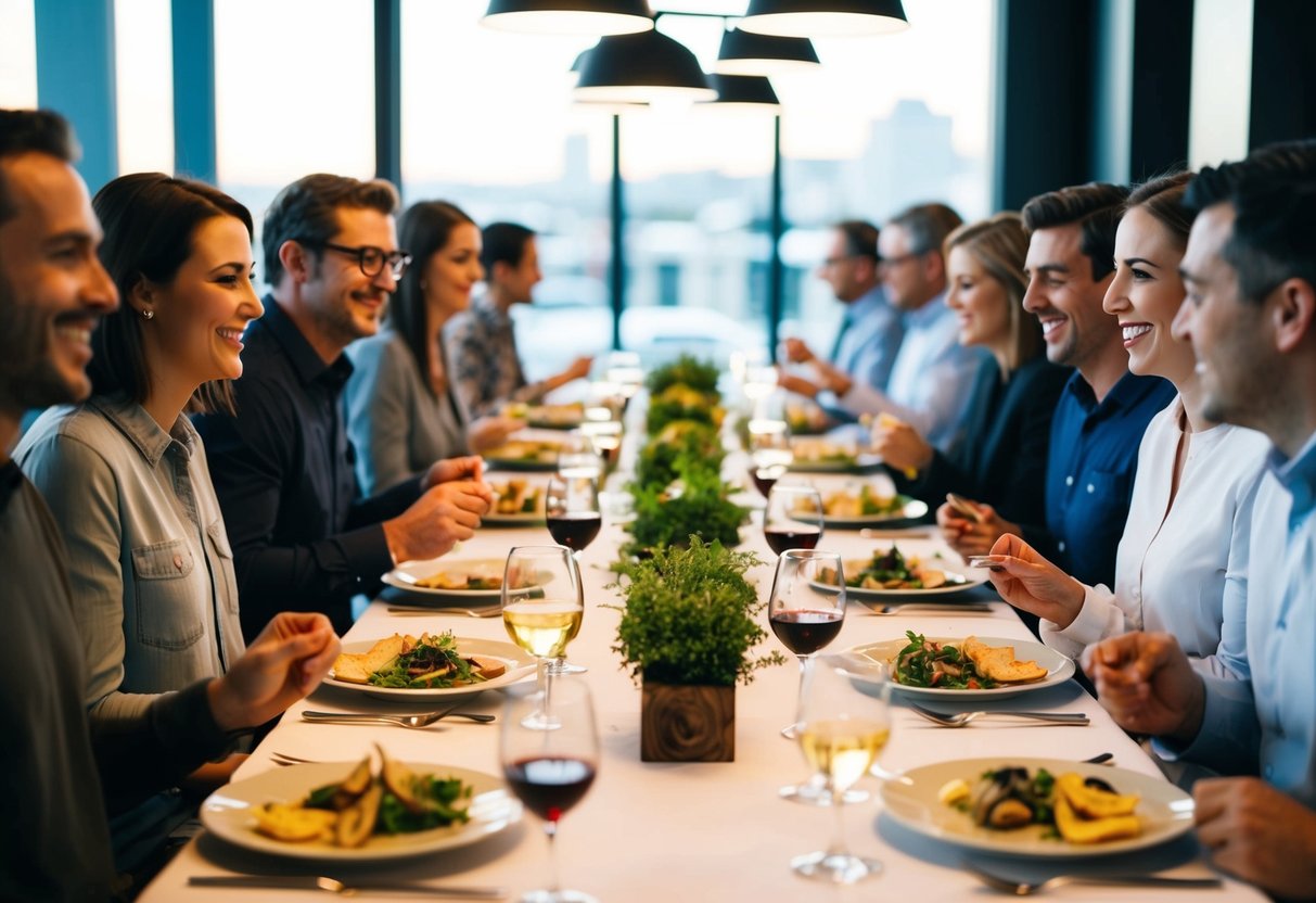 A group of people seated at a long dining table, enjoying a meal together. The atmosphere is relaxed and jovial, with the focus on the act of dining
