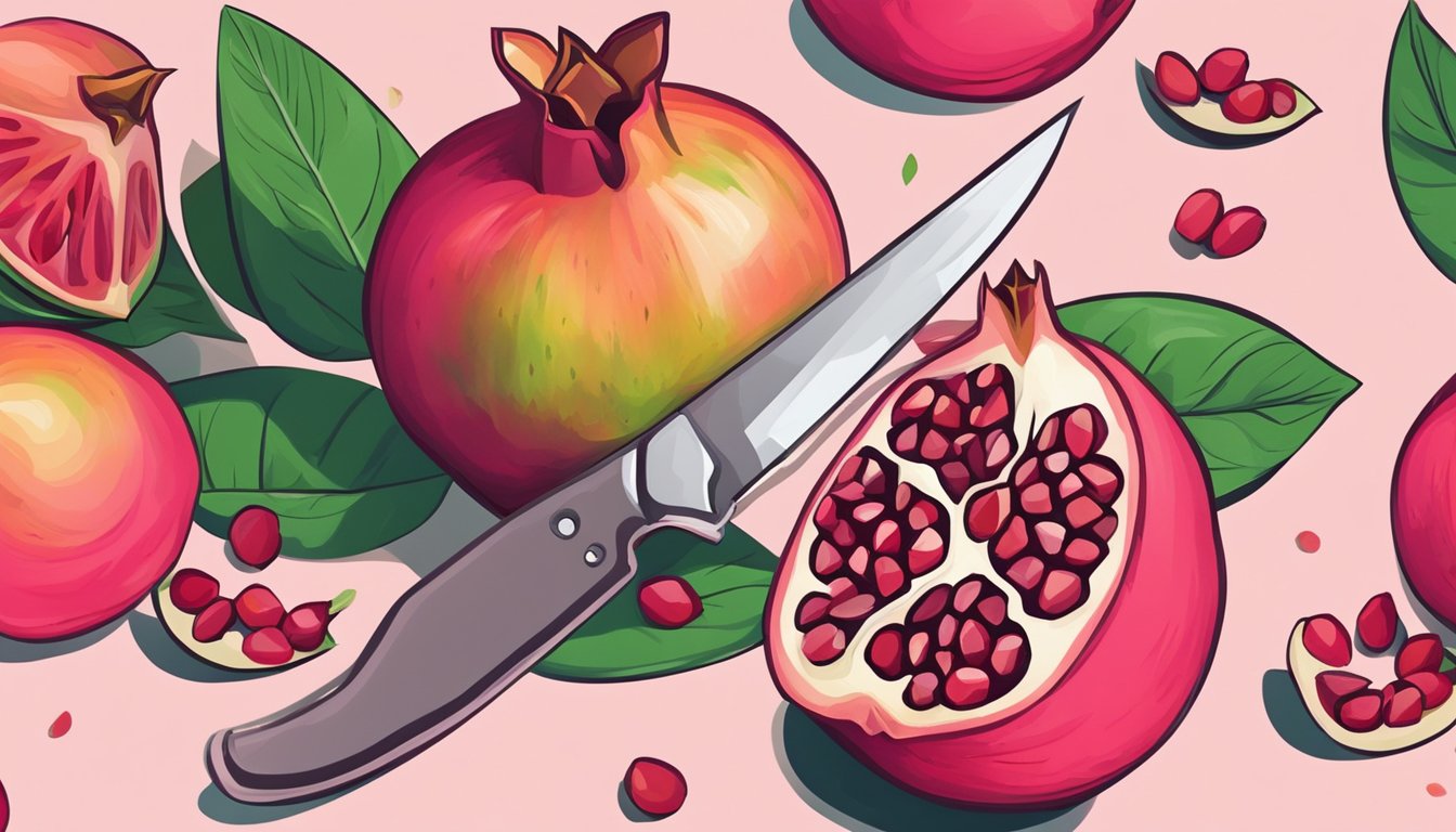 A person cutting open an unripe pomegranate with a knife, revealing the pale pink seeds inside. A ripe pomegranate sits nearby for comparison