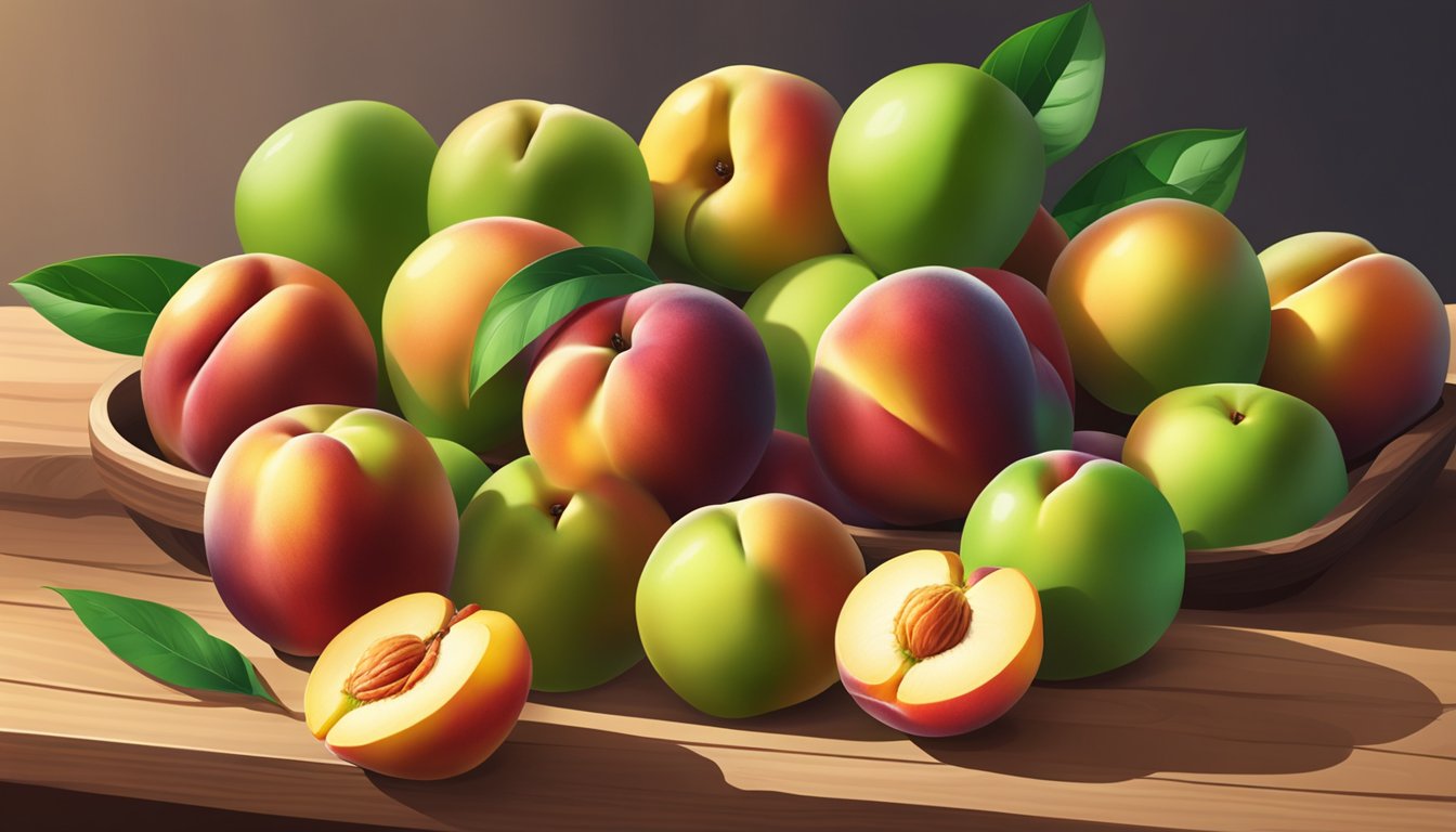 A pile of nectarines, some ripe and juicy, others still green and unripe, sitting on a wooden table in the warm sunlight