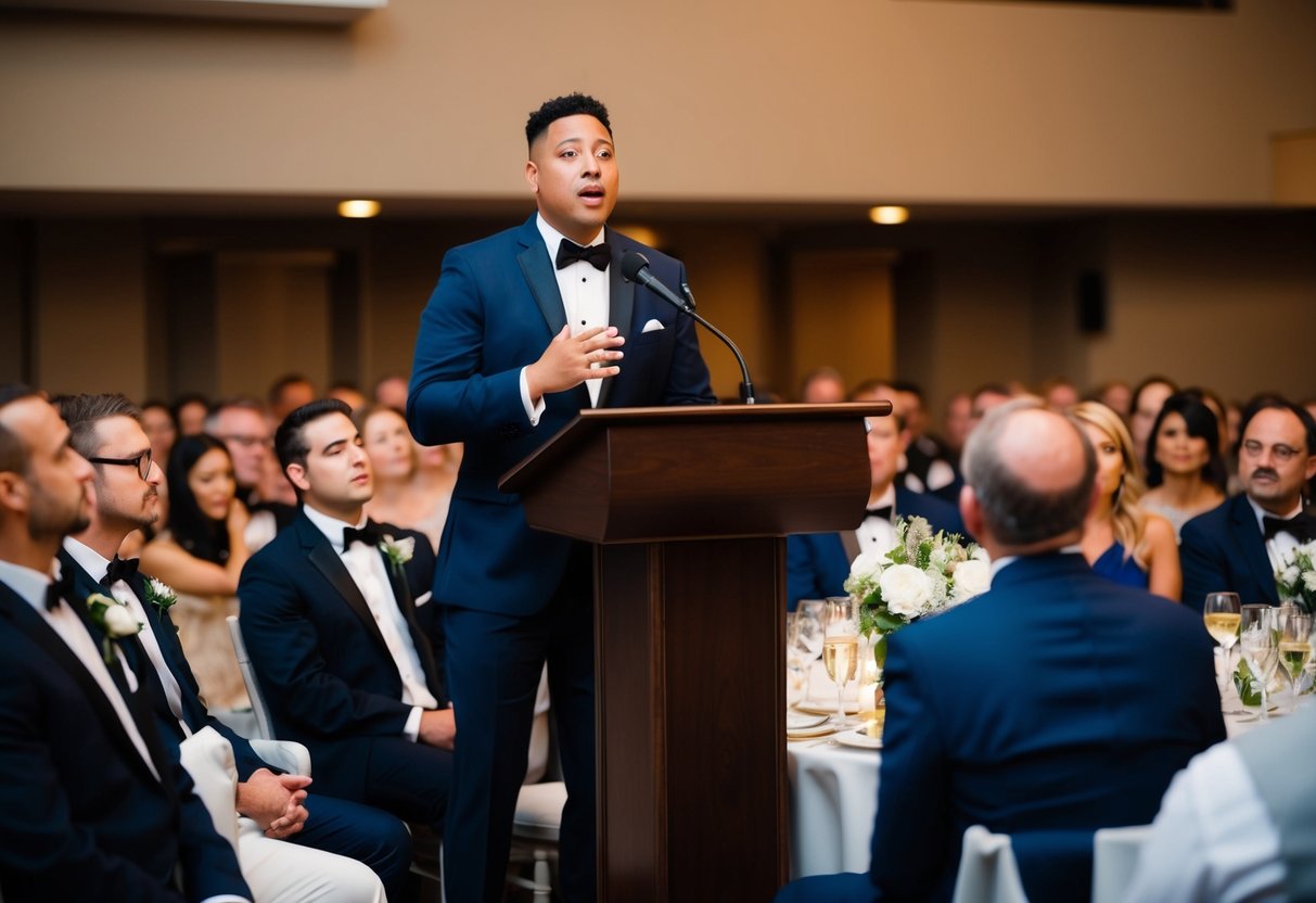 A speaker stands at a podium, addressing a crowd at a rehearsal dinner or wedding. The audience listens intently, captivated by the speaker's words