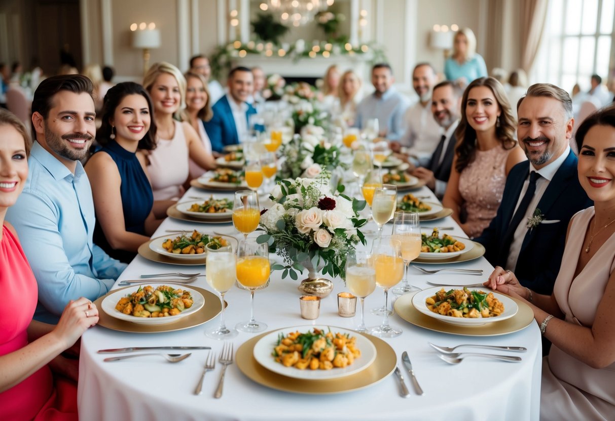 A table set with elegant place settings and a spread of food and drinks, surrounded by happy and relaxed guests