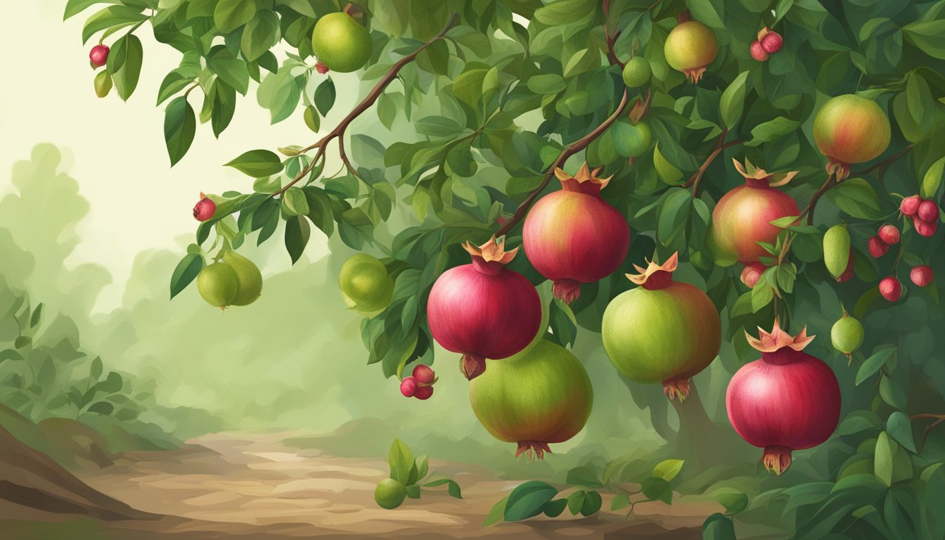 Unripe pomegranates hanging from a branch, surrounded by green leaves and a few fallen fruits on the ground