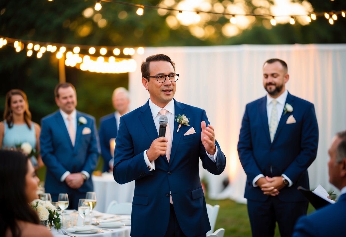 At the rehearsal dinner, a speaker addresses the guests, while at the wedding, a different speaker takes the stage
