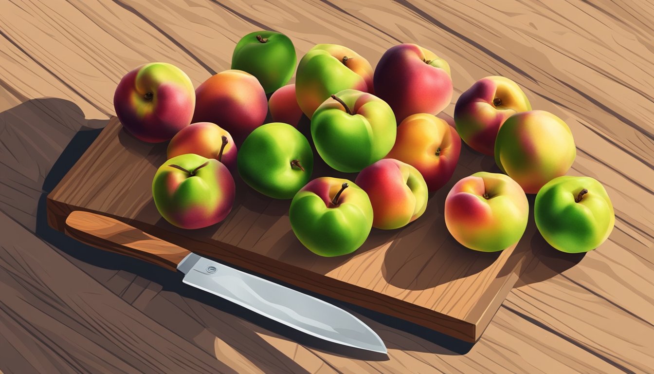 A pile of unripe nectarines, green with hints of orange, sitting on a wooden table next to a knife and cutting board