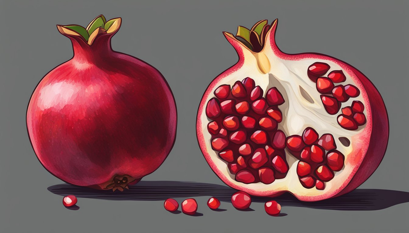 A ripe pomegranate split open, revealing bright red seeds inside, while an unripe pomegranate remains intact with green skin