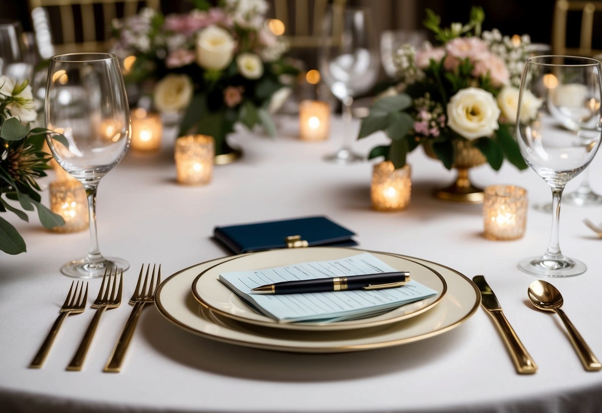 A table set with elegant dinnerware, surrounded by decorative lights and floral arrangements. A checkbook and pen sit on the table