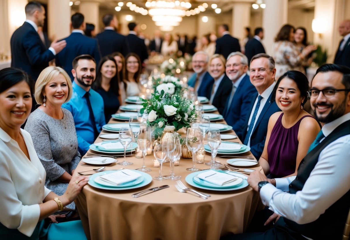 A table set with elegant dinnerware and decorations, surrounded by happy guests at a beautiful venue