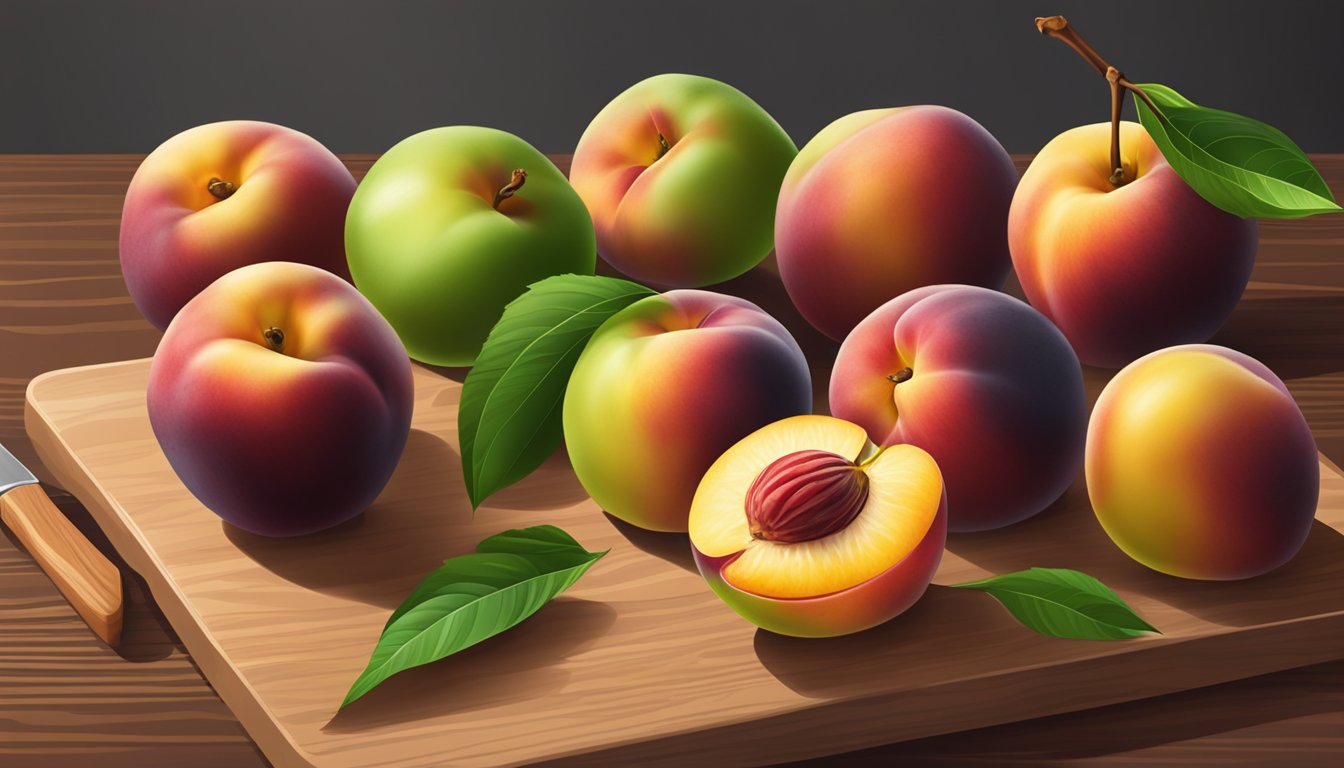 A pile of nectarines, some ripe and some unripe, sitting on a wooden cutting board with a knife nearby