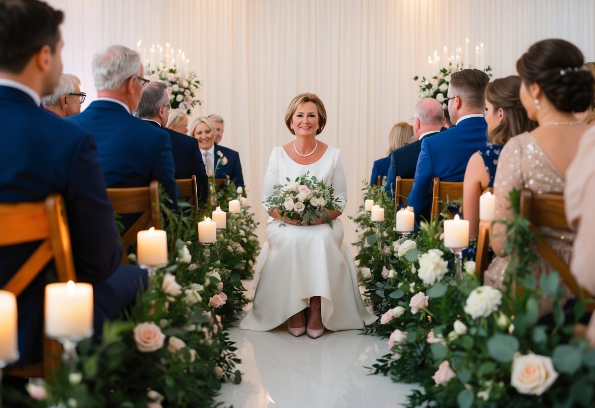 The mother of the groom sits on the aisle, surrounded by floral arrangements and soft candlelight