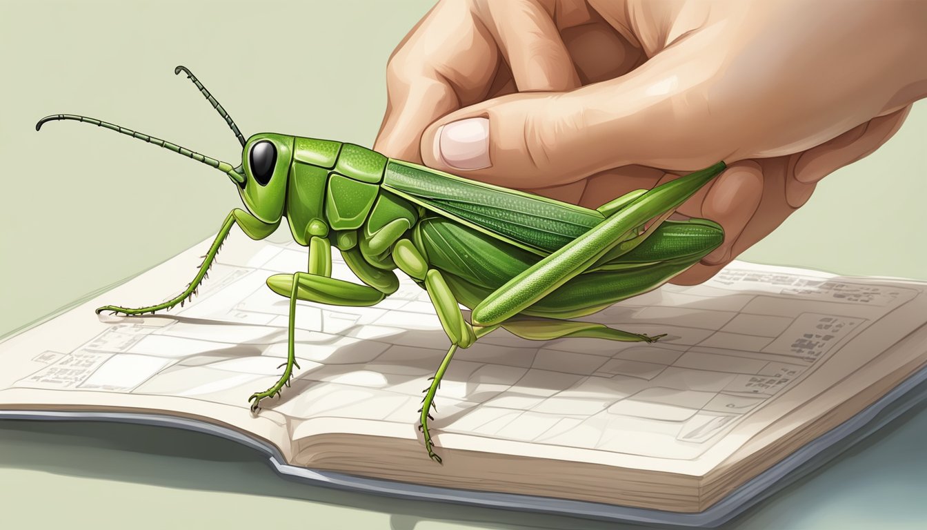 A person holding a grasshopper and examining its nutritional content