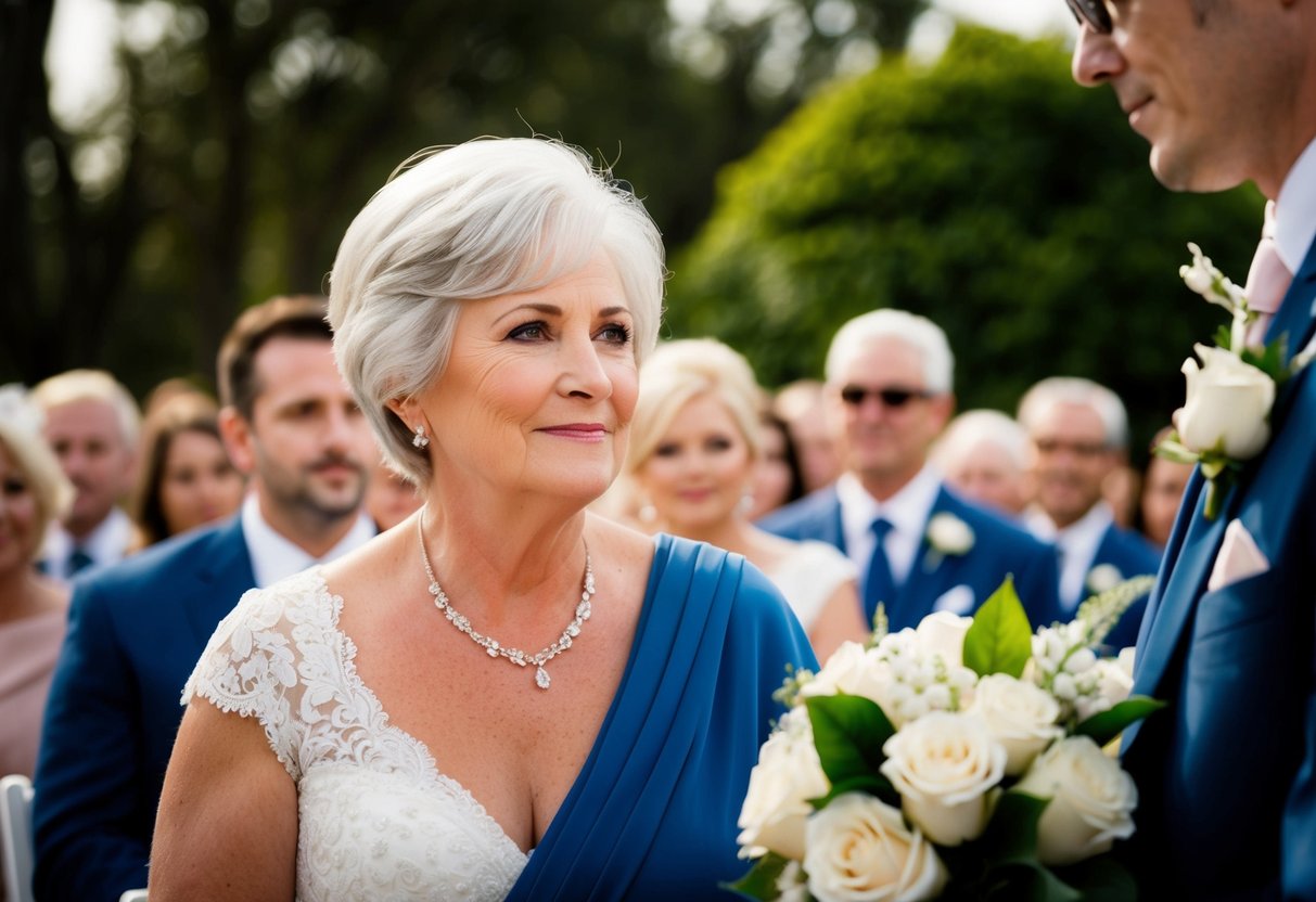 The mother of the groom sits on the aisle during the wedding ceremony