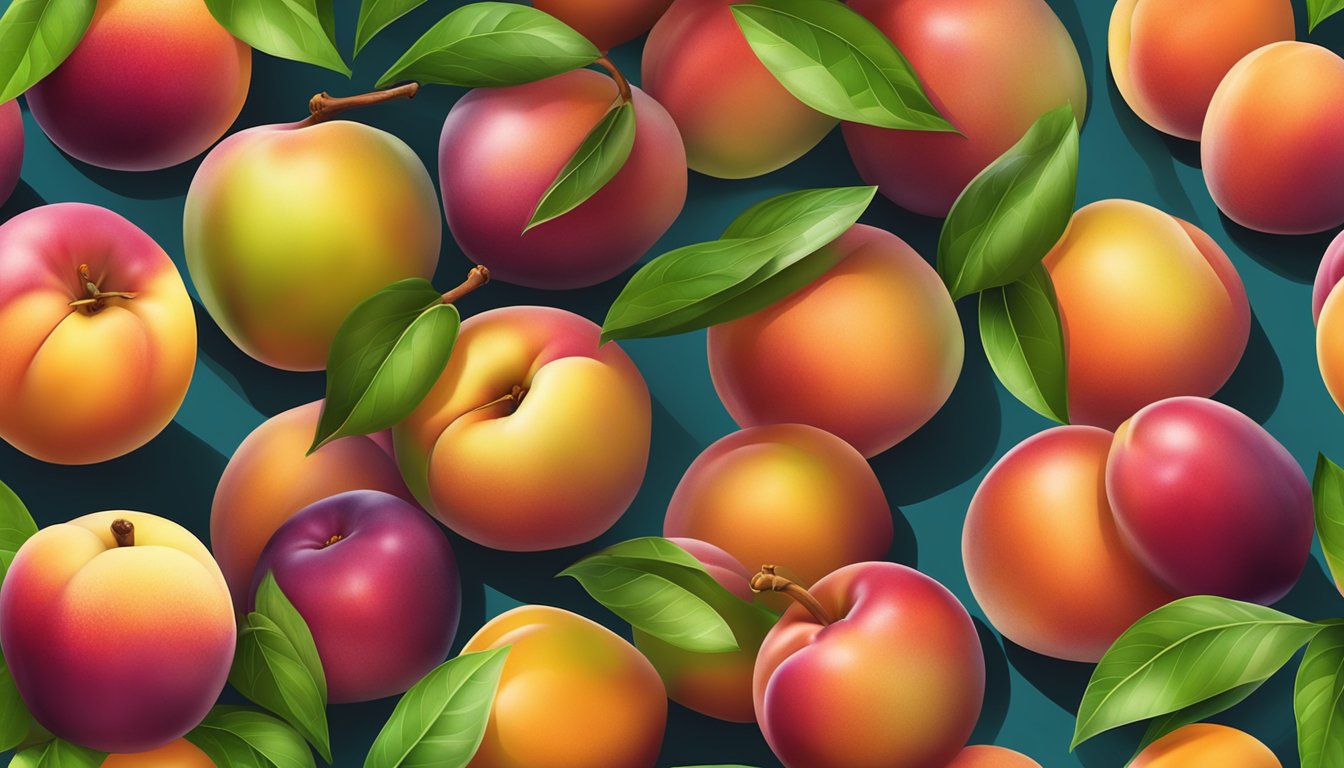 A pile of ripe nectarines next to a single unripe nectarine, with vibrant colors and a sense of freshness