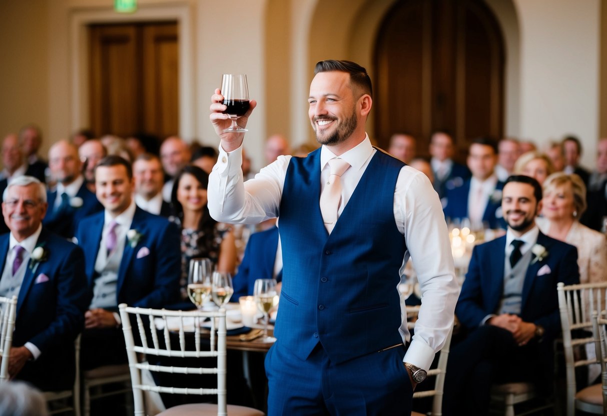 Groom stands with raised glass amid seated guests, smiling and making eye contact