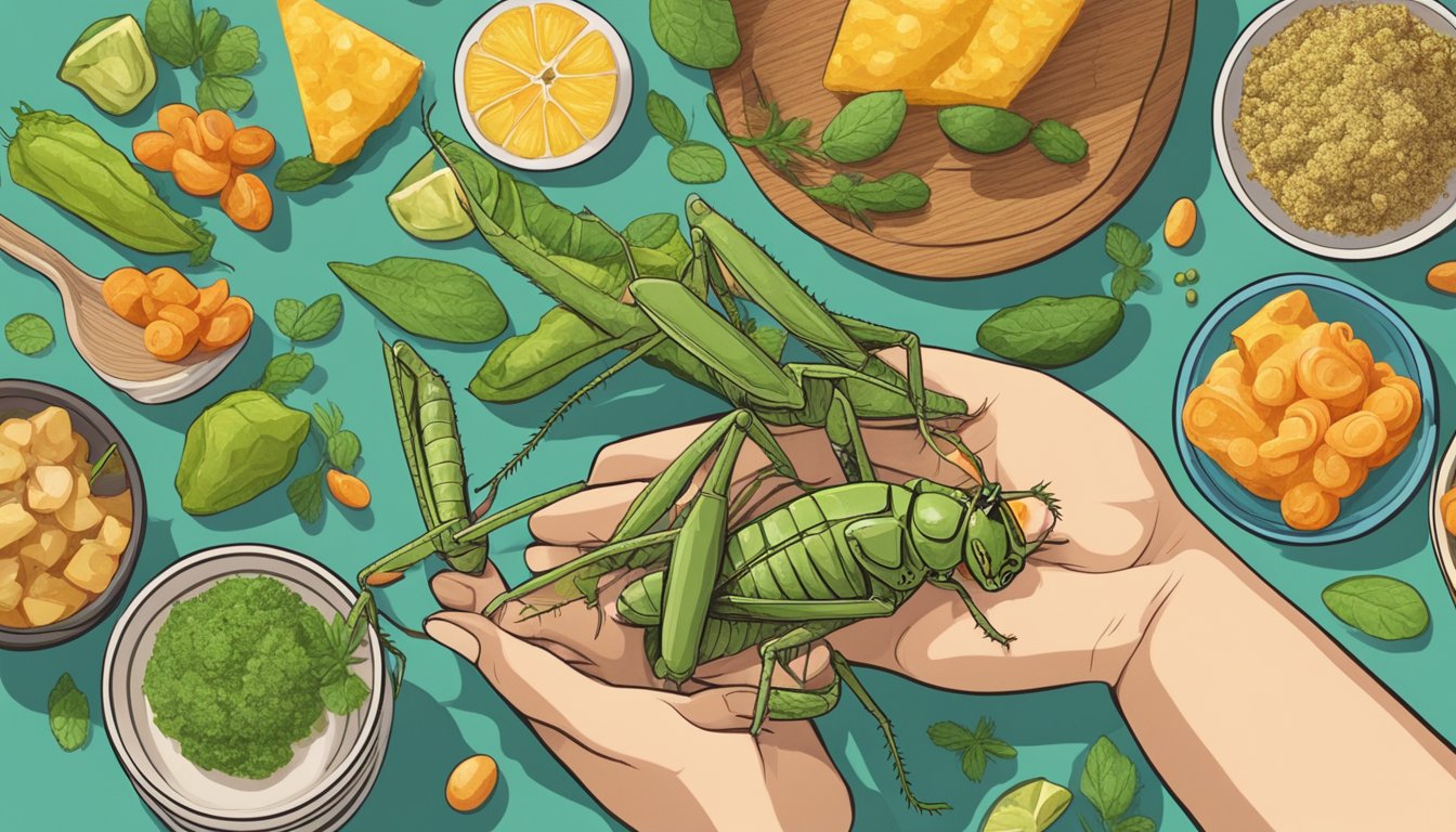 A person holding a grasshopper in their hand and looking at it with a questioning expression. The grasshopper is surrounded by various food items