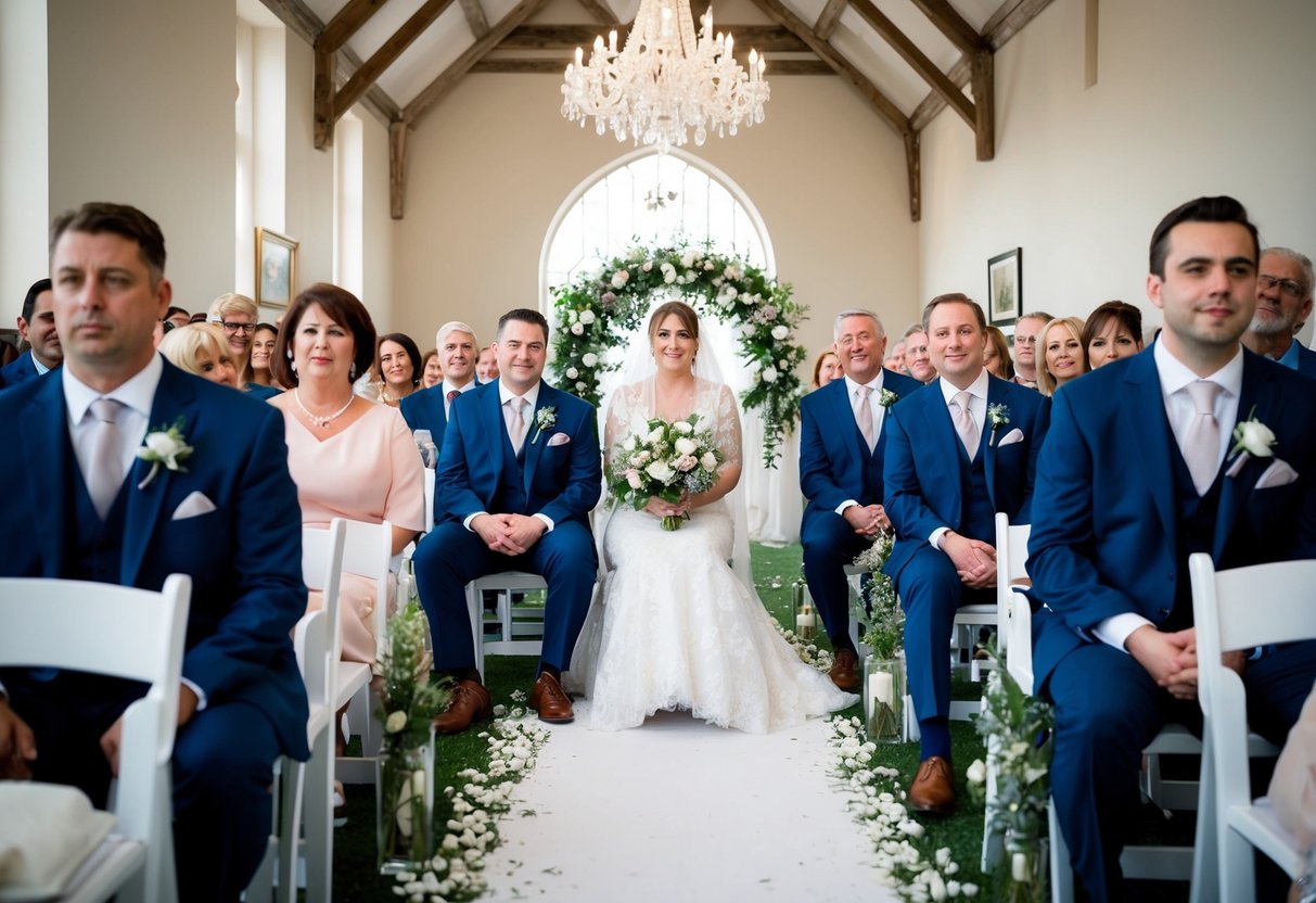 The groom's family sits on the left side of the aisle, with the mother of the groom positioned closest to the aisle