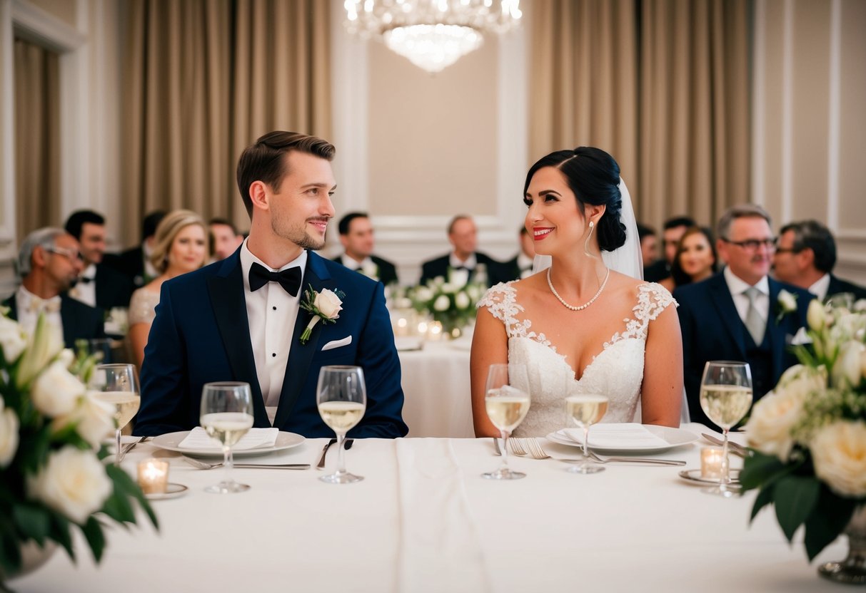 The bride and groom sit side by side at the head of the long, elegantly set table during the rehearsal dinner