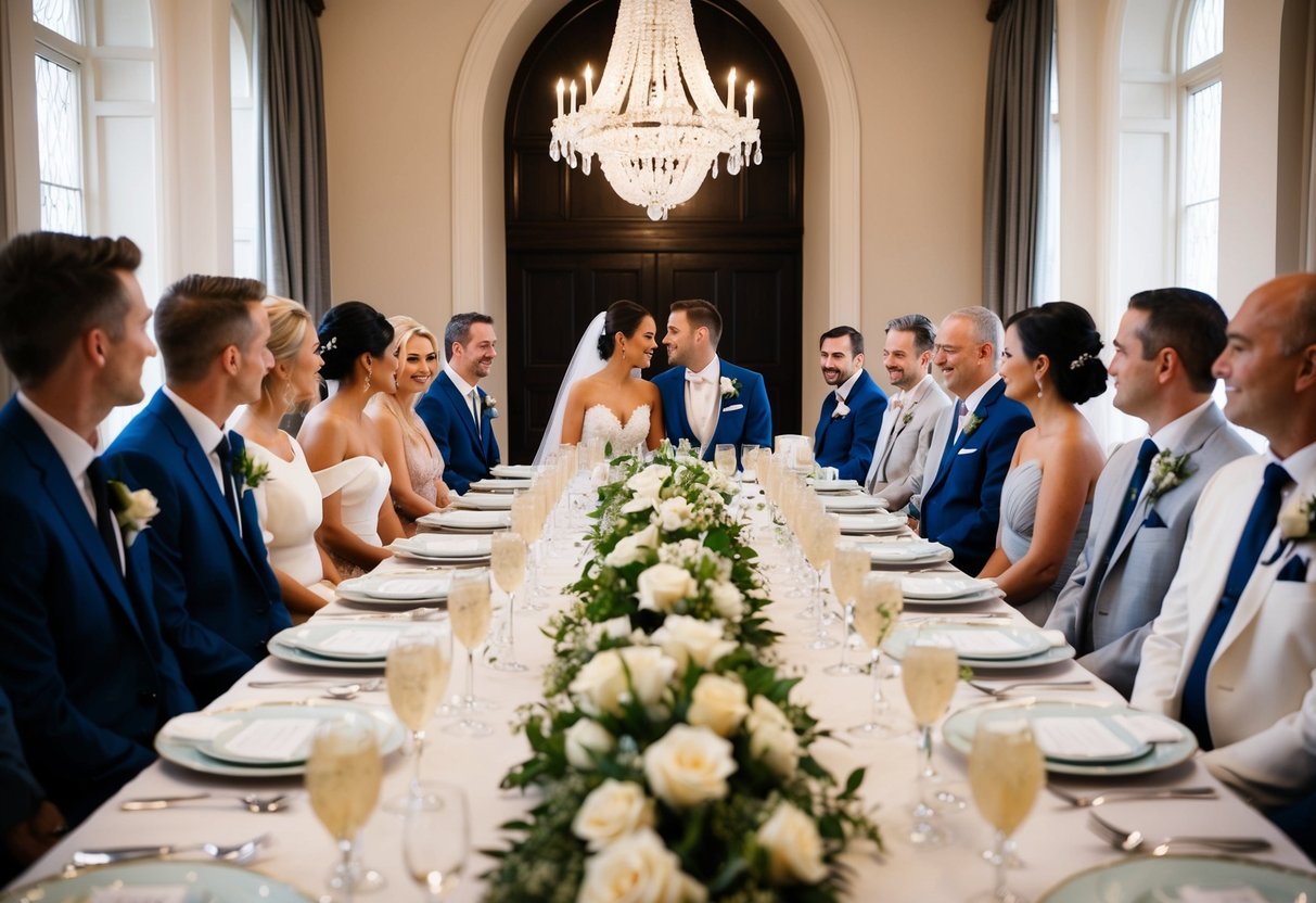 The bride and groom sit at the head of a long, elegantly decorated table, surrounded by their closest friends and family members